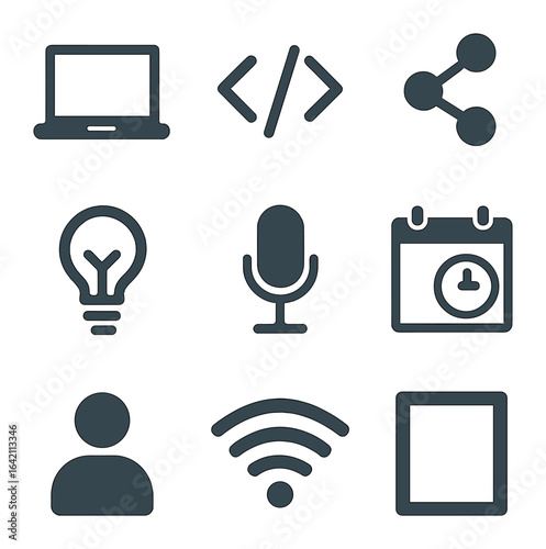 Tech Meetup Icon Set. Flat icon set of tech meetup posters: laptop, code brackets, network node, lightbulb