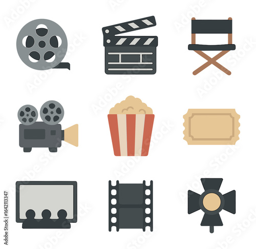 Film Icon Set. Flat icon set of film screening posters: film reel, clapperboard, director chair, projector,