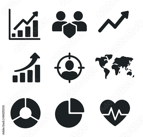 Market Analysis Icons. Flat icon set of market analysis slide elements: market size graph, competitor icon,