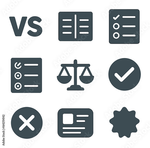 Comparison Icon Set. Flat icon set of comparison slide assets: vs icon, two-column comparison, pros list, cons