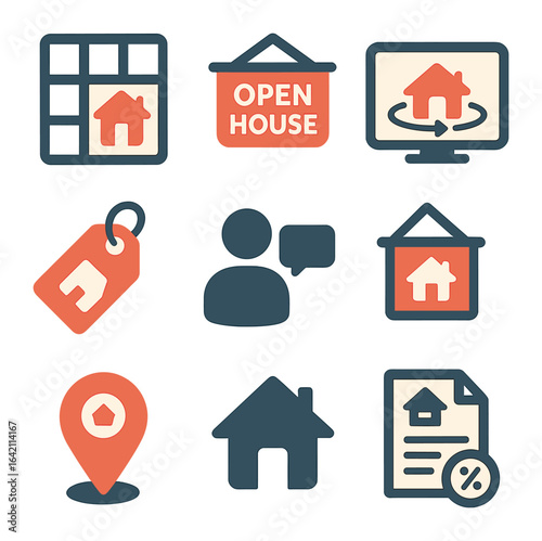 Modern Real Estate Icons. Flat icon set of real estate banners: property grid, open house, virtual tour, price