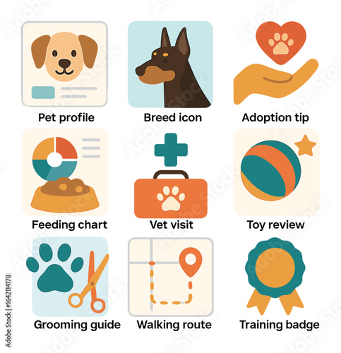 Pet Blog Icon Set. Flat icon set of pet blog banners: pet profile, breed icon, adoption tip, feeding chart,