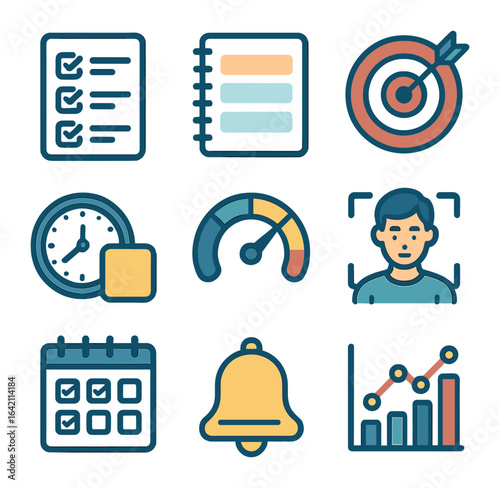 Productivity Icon Set. Flat icon set of productivity banners: task checklist, daily planner, goal tracker,
