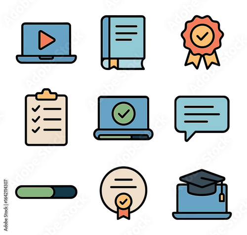 E-Learning Progress Icons. Flat icon set of e-learning progress timeline: course start, lesson icon, quiz