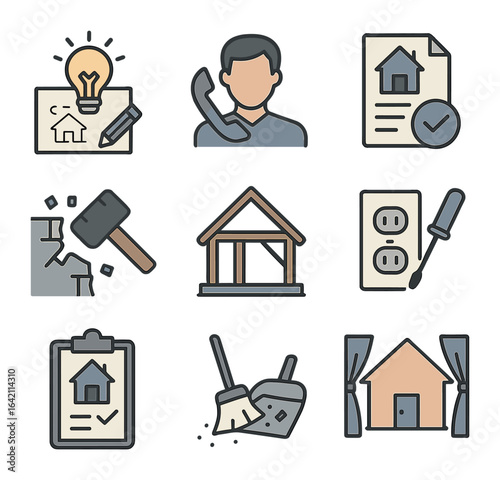 Renovation Process Icons. Flat icon set of renovation timeline: idea sketch, contractor call, permit file,