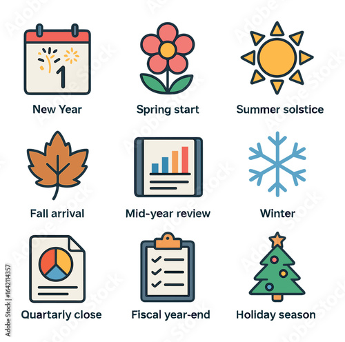 Annual Timeline Icons. Flat icon set of annual timeline: New Year, spring start, summer solstice, fall arrival