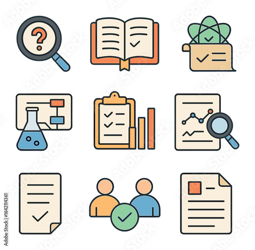 Scientific Research Icons. Flat icon set of scientific research timeline: research question, literature review