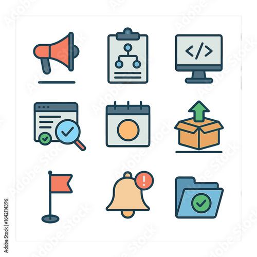 Project Timeline Icons. Flat icon set of project timeline: kickoff icon, planning stage, development phase,