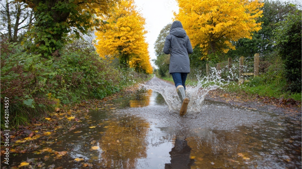 Obraz premium A person joyfully splashes through puddles on a road, surrounded by the vibrant colors of autumn foliage, and the reflection. Capturing the pure delight and freedom of a rainy day.