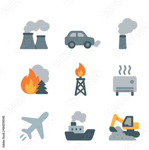 Air Pollution Sources Icons. Flat icon set of air emission sources: power plant, vehicle exhaust, industrial