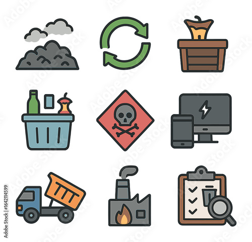 Waste Management Icons. Flat icon set of waste data: landfill site, recycling rate, compost bin, waste