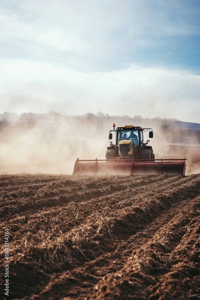 Fototapeta premium Tractor plowing a field with dust rising under a blue sky.