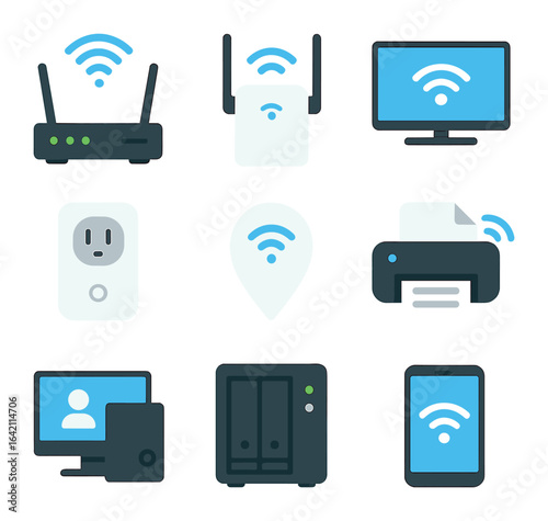 Home Networking Icons. Flat icon set of home networking: Wi-Fi router, range extender, smart TV, IoT plug,