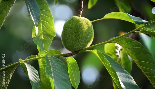 a tree with green leaves and a green fruit