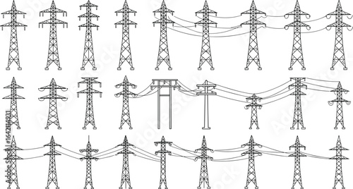 CAD, drawing, flat, vector, electricity, transmission, power, towers, pylons, energy, grid, illustration