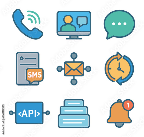 Digital Communication Icons. Flat icon set of digital communication: VoIP call, video conference, chat bubble,