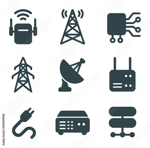 Telecom Infrastructure Icons. Flat icon set of telecom infrastructure: signal repeater, telecom mast, fiber