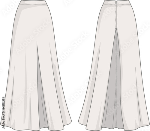 CAD, drawing, flat, vector, long, flared, skirt, front, back, fashion, apparel, illustration
