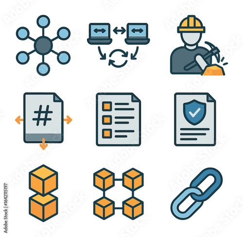 Blockchain Icon Set. Flat icon set of blockchain networks: node diagram, peer sync, miner icon, transaction