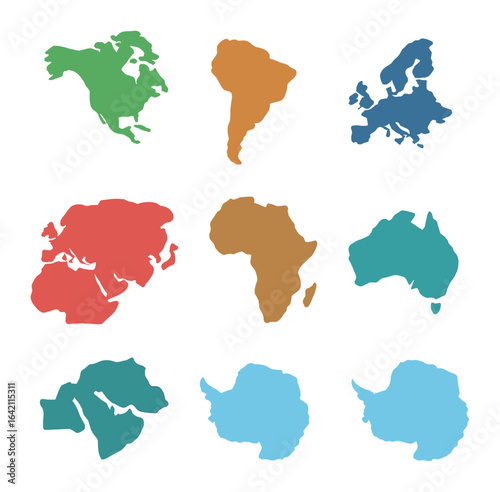 Global Regions Icons. Flat icon set of world regions: North America, South America, Europe, Asia, Africa,