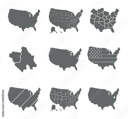 Political Maps Icon Set. Flat icon set of political maps: country lines, state borders, district sections,