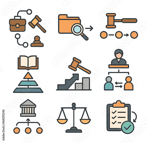 Legal Icons Set. Flat icon set of legal charts: case process, evidence flow, verdict timeline, law hierarchy,