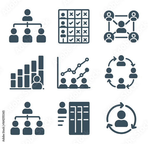 Team Management Icons. Flat icon set of team management diagrams: org chart, role matrix, communication map,