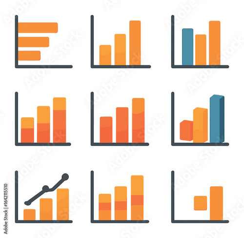 Bar Chart Icon Set. Flat icon set of bar chart styles: horizontal bar, vertical bar, grouped bar, stacked bar,
