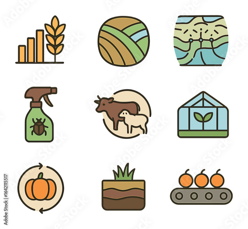 Agriculture Infographic Icons. Flat icon set of agriculture infographics: crop yield, farmland area,