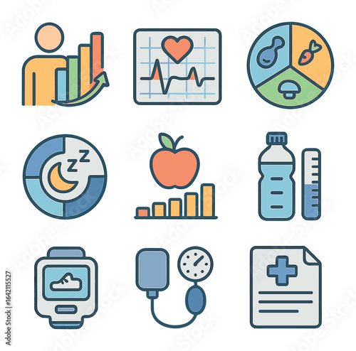 Health Infographic Icons. Flat icon set of health data infographics: BMI chart, heart rate graph, nutrition