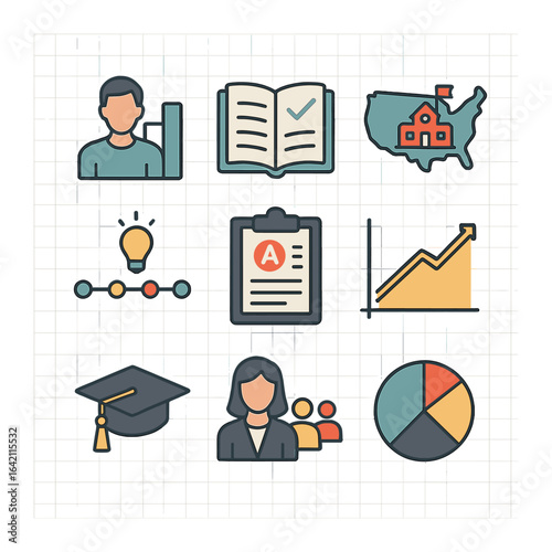 Education Infographic Icons. Flat icon set of education infographics: student stats, literacy rate, school map