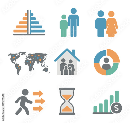 Demographic Data Icons. Flat icon set of demographic data: population pyramid, age group, gender ratio,