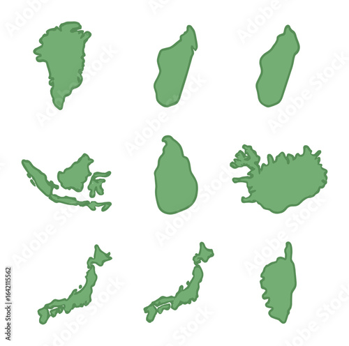 Island Icon Collection. Flat icon set of island territories: Greenland, Madagascar, Borneo, New Guinea, Sri