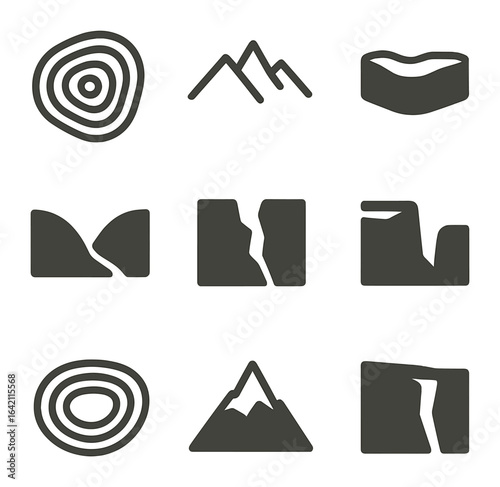 Elevation Map Icons. Flat icon set of elevation map features: hill contour, mountain ridge, plateau, valley,