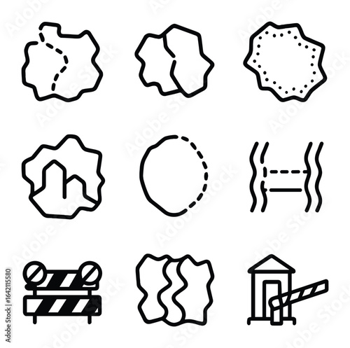Border Icons Grid. Flat icon set of border types: international border, state line, region border, city