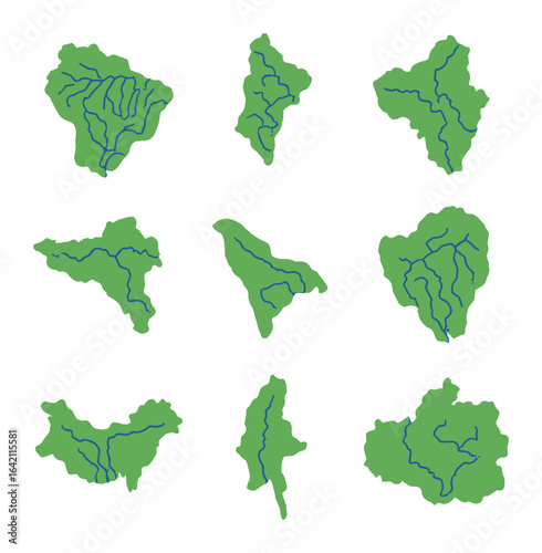 River Basin Icon Set. Flat icon set of river basin maps: Amazon basin, Nile basin, Mississippi basin, Danube