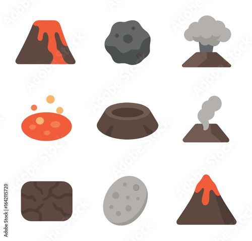 Volcano Icon Set. Flat icon set of volcano details: lava flow, volcanic rock, ash cloud, magma, crater,