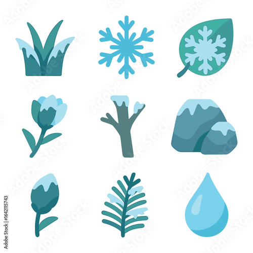 Frosty Nature Icons. Flat icon set of frost on nature: frosted grass, ice crystal, snowflake on leaf, frozen