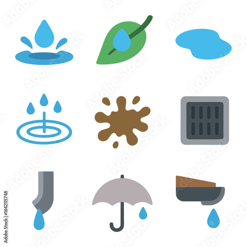 Rain Icon Set. Flat icon set of rain impressions: raindrop splash, wet leaf, puddle, rain ripple, mud splash,