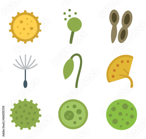 Pollen and Spore Icons. Flat icon set of pollen and spores: pollen grain, spore puff, fungal spores, pine