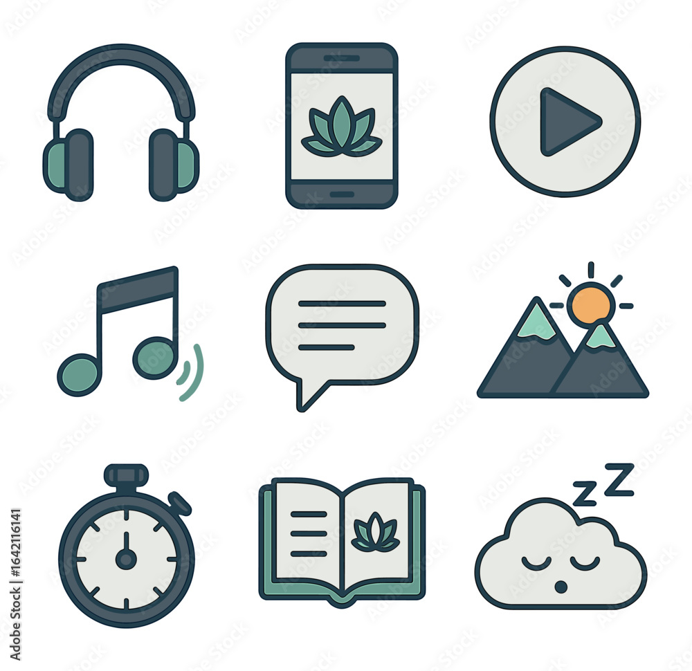 Meditation Tool Icons. Flat icon set of guided meditation tools: headphones, mobile app, play button, soft Meditation Tool Icons. Flat icon set of guided meditation tools: headphones, mobile app, play button, soft