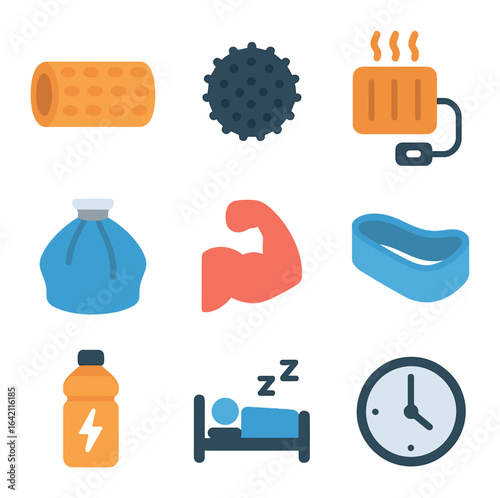 Fitness Recovery Icons. Flat icon set of fitness recovery: foam roller, massage ball, heating pad, cold pack,
