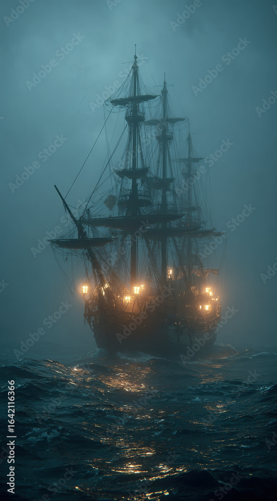 Obraz premium Galleon sailing in dark, foggy sea at night