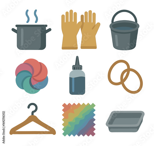 Textile Dyeing Icons. Flat icon set of textile dyeing: dye pot, rubber gloves, bucket, fabric twist, squeeze