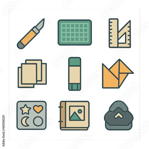 Papercraft Tools Icons. Flat icon set of papercraft supplies: craft knife, cutting mat, ruler, paper stack,