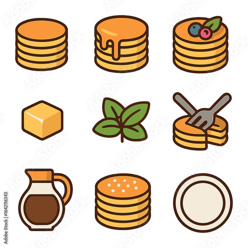 Breakfast Pancake Icon Set. Flat icon set of breakfast pancake styling: pancake stack, maple drizzle, butter