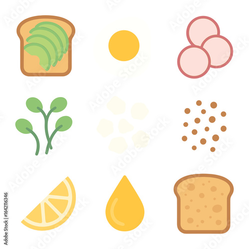 Breakfast Toast Icons. Flat icon set of breakfast toast styling: avocado toast, poached egg, radish slices,
