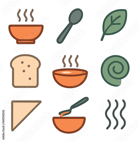Soup Icon Set. Flat icon set of soup styling: bowl, spoon, herb float, broth sheen, bread slice, steam lines,