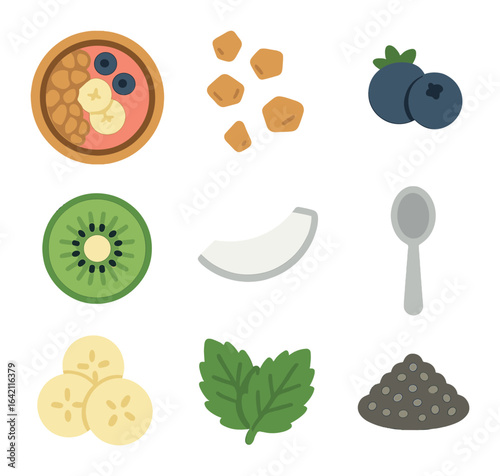 Breakfast Smoothie Icons. Flat icon set of breakfast smoothie bowl: smoothie bowl, granola sprinkle, berry