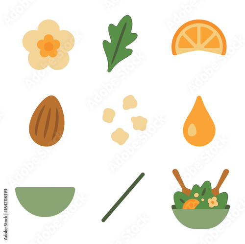 Gourmet Salad Icons. Flat icon set of gourmet salad styling: edible flowers, arugula leaf, citrus segment,